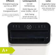 Acondicionador de aire móvil Bosch Cool 4000 - 3 en 1: aire acondicionado, deshumidificador, ventilador - 2,6 kW para habitaciones de hasta 35 m² - Con modo automático, modo silencioso y modo de suspensión