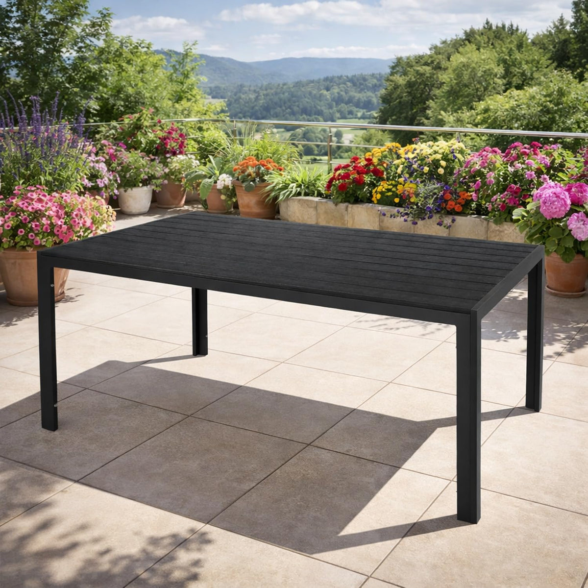 Mesa de jardín Mojawo XL de aluminio antracita/negro, mesa de comedor, muebles de jardín, imitación madera Nonwood, resistente a la intemperie, 180x90x74 cm