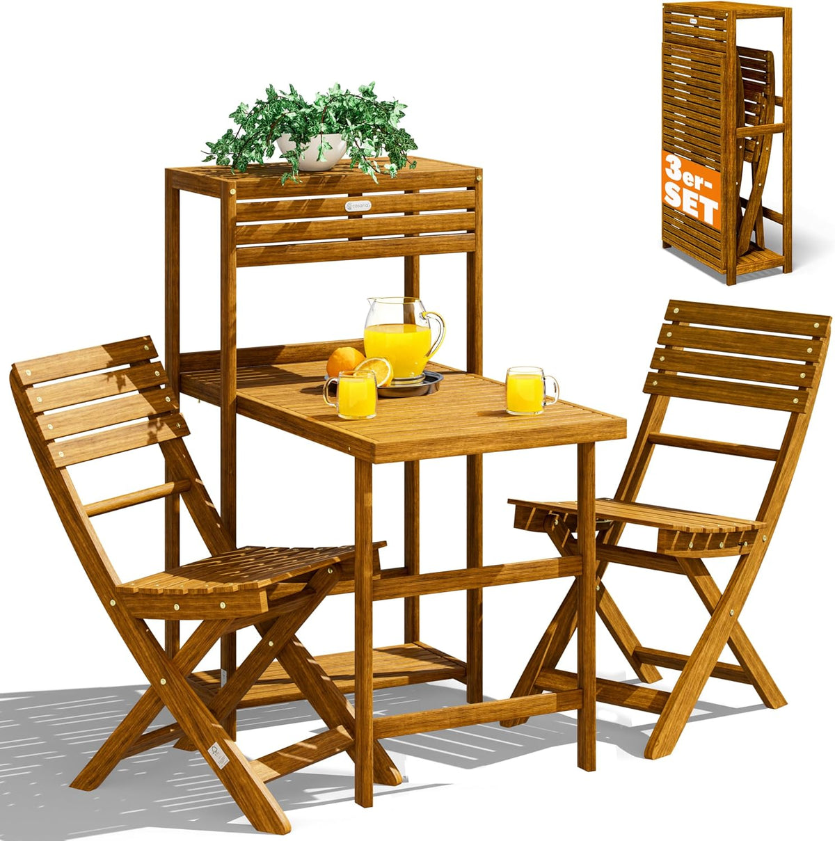 Set de balcón Casaria® para 2 personas, resistente a la intemperie, plegable, madera con certificación FSC®, capacidad de carga de 160 kg, 94x61x117 cm, para jardín, balcón, terraza, 3 piezas, muebles de balcón