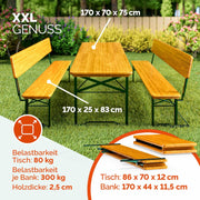 Casaria® Juego de mesa y bancos de cerveza con respaldo 170 cm, plegable y estable, 2 bancos, 1 mesa ancha, madera, mobiliario de jardín, mobiliario para eventos