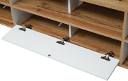 BTM Mueble de TV rústico, banco de TV con compartimentos y puertas, para salón, comedor, dormitorio, almacenamiento práctico, blanco y madera natural, 175x37x51 cm