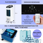 Enfriador de aire Klarstein con refrigeración por agua, enfriador evaporativo 4 en 1 silencioso, humidificador, ventilador y modo nocturno, aire acondicionado portátil de 7 L, enfriador de aire de 65 W, flujo de aire refrigerante de 330 m³/h