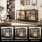 Vitrina moderna Caldion con iluminación LED, 140×40×75 cm, armario expositor de vidrio templado y MDF, hierro, vitrina de cristal con iluminación de 3 colores, para salón, oficina