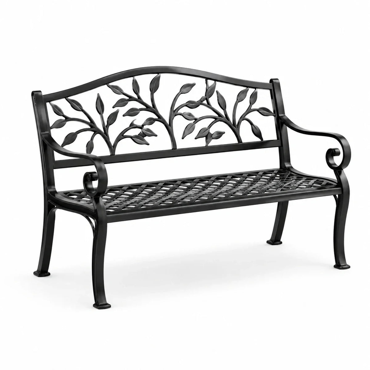 Banco de jardín de metal negro con adornos