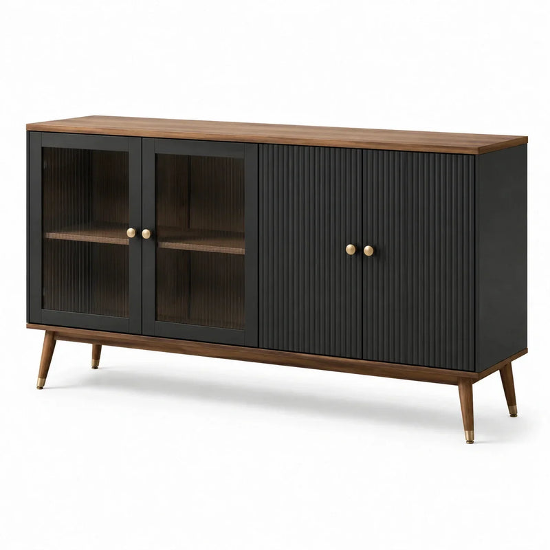 Aparador de madera de nogal y vidrio acanalado 160x40x80cm negro marrón