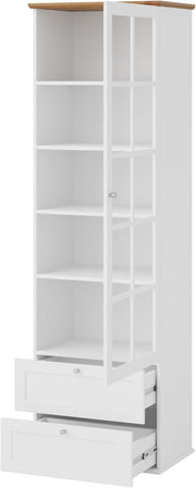 Mirjan24 Vitrina Gacoris 2SZ1D, vitrina de pie con 2 cajones y puerta de estilo escandinavo, armario vitrina, vitrina de cristal, armario alto (blanco/roble Lefkas)