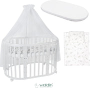 Cuna ovalada evolutiva Waldin, set completo 7 en 1, cuna de barrotes, cama infantil con colchón, cambiador, cuna colecho, madera blanca