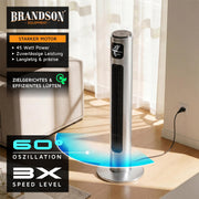 Brandson - Ventilador de torre con mando a distancia 96 cm - Galardonado 2026 - ventilador móvil silencioso - ventilador de pie oscilante - 3 velocidades 3 modos temporizador - ventilador con certificación GS - Plateado acero