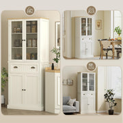 HOMCOM Aparador Mueble de Cocina Armario de Almacenaje con 4 Puertas, 2 de ellas de Cristal y 1 Cajón, 182,5 cm de Altura con Estantes Ajustables - Beige