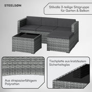 Set de muebles de jardín de ratán STEELSØN Zethora de 3 piezas – Conjunto de asientos para exterior para jardín/terraza/balcón – Salón de jardín con sofá de 3 plazas, taburete y mesa – Conjunto de muebles gris/antracita para 4 personas