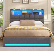 Cama tapizada AOGLLATI 140×200, cama hidráulica con almacenaje e iluminación LED, cama juvenil con puertos USB y tipo C, estructura de cama doble con listones de madera, tela de lino, sin colchón (Gris, 140x200 cm)