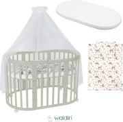Cuna ovalada evolutiva Waldin, set completo 7 en 1, cuna de barrotes, cama infantil con colchón, cambiador, cuna colecho, madera blanca