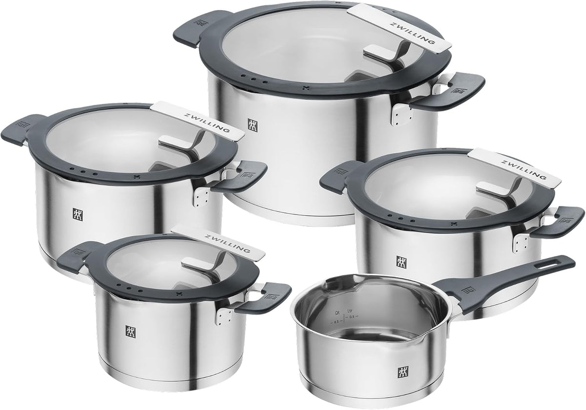 Set de ollas ZWILLING Simplify de 5 piezas, colador integrado, inducción, gris