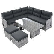 Conjunto de sofá seccional de ratán para exteriores con mesa ajustable y sillones reclinables