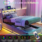 Cama abatible 90x200 cm con LED y puertos USB, cabecero con almacenamiento, cama individual con somier de láminas, fácil de montar, para adultos y adolescentes, terciopelo (gris, 90x200 cm)