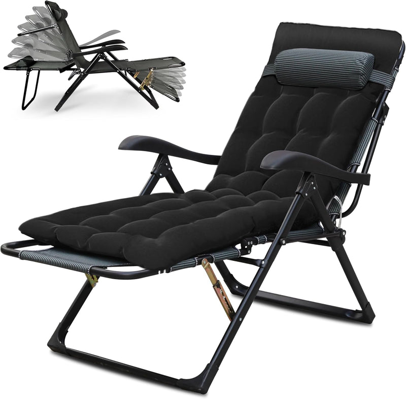 Tumbona de jardín plegable con cojín, silla de jardín reclinable, respaldo ajustable en 7 posiciones, tumbona de exterior resistente a la intemperie 150 kg, silla de balcón (negro)