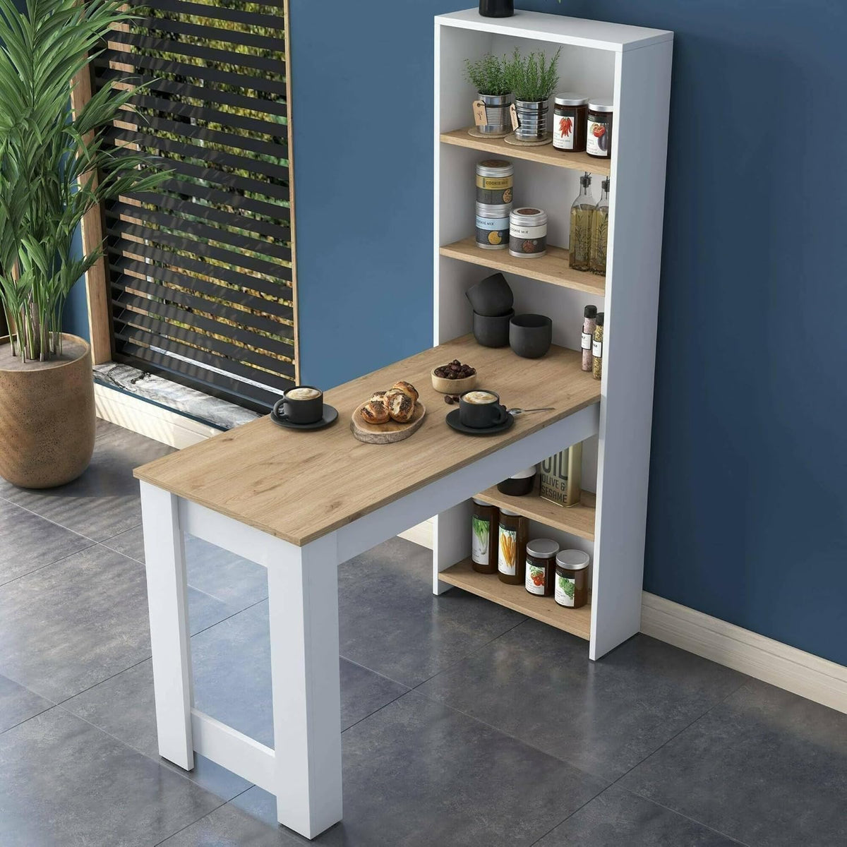 Dmora - Mesa fija Talitha, estantería de cocina, consola para comedor, estantería rectangular fija, 120x54x154 cm, nogal y blanco
