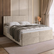 Cama boxspring BROMARKT con arcón, cama tapizada con colchón Bonnell y topper, cama doble con espacio de almacenamiento para dormitorio, cabecero acolchado Dream 140x200, grado de firmeza H3, tejido de terciopelo beige