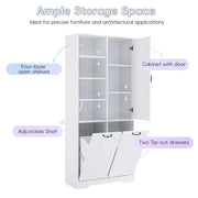 Gabinete de almacenamiento para baño con puertas y cajones, cesto para ropa abatible, espacio de almacenamiento múltiple, estilo independiente