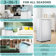 Aires acondicionados portátiles, AC portátil de 12000 BTU para habitaciones de hasta 550 pies cuadrados, AC 3 en 1 con enfriamiento rápido, deshumidificador y ventilador de tres velocidades, temporizador de 24 h/control remoto/ultra silencioso para