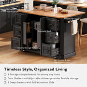 Isla de cocina extensible con alas abatibles, carrito de cocina sobre 4 ruedas con toma de corriente, mesa isla móvil con 2 puertas y 6 cajones