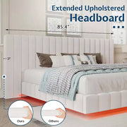 Cama de plataforma tapizada AMERLIFE con luces LED, diseño flotante, soporte de listones sólidos