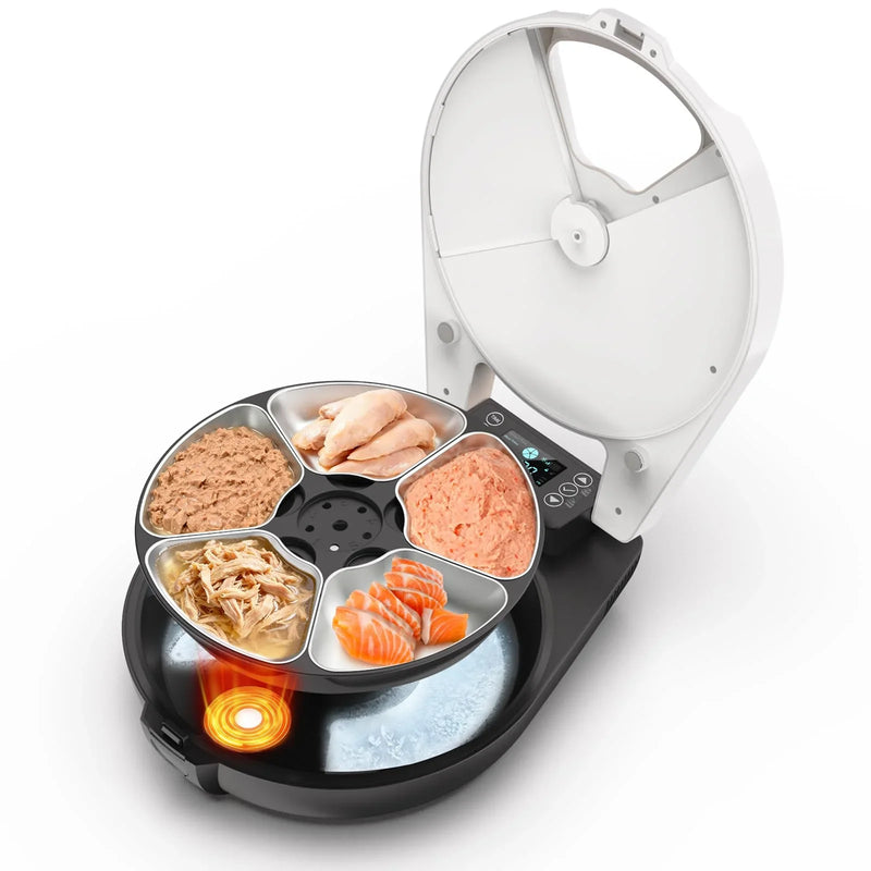 Comedero automático para gatos RESPURR con refrigeración y calefacción por semiconductores, frescura de 3 días, 5 comidas, acero inoxidable 304, programable