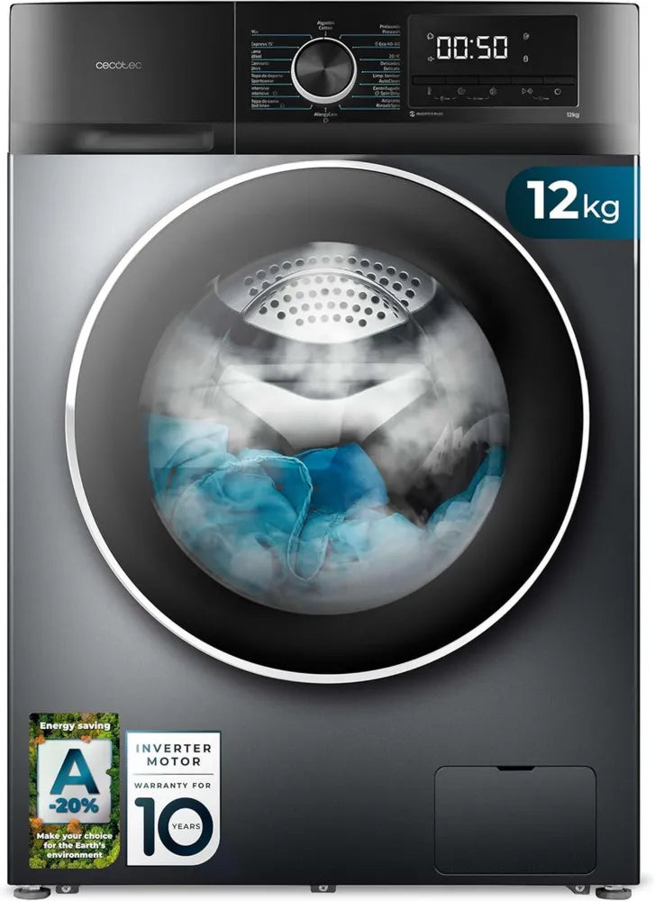 Lavadora de 12 kg Cecotec Bolero DressCode 12500 Inox, Inverter Plus, SteamMax, con 16 programas