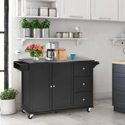 KOMFOTTEU Isla de cocina móvil con encimera de acero inoxidable, carrito de cocina con 3 cajones, toallero y estante ajustable, carrito con ruedas, 135 x 45,5 x 91,5 cm negro