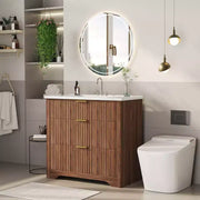 Conjunto de tocador de baño moderno estriado con lavabo de cerámica integrado, mueble de baño independiente con 3 cajones para baño contemporáneo