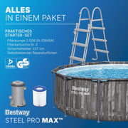 Piscina desmontable redonda Bestway 366x100 cm, set con bomba de filtrado, aspecto madera | 9.150 L, material TriTech de 3 capas, fondo con aspecto de mosaico de guijarros, incluye bomba de filtrado y escalera