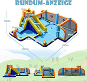 COSTWAY Castillo hinchable con soplador, tobogán acuático, piscina infantil, zona de fútbol, muro de escalada, dos cañones de agua y juego de diana, piscina de juegos 500 x 465 x 200 cm