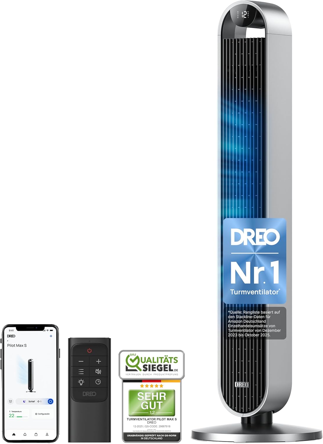 Ventilador de torre inteligente DREO muy silencioso, ventilador oscilante de 120° con refrigeración, ventilador de pie de 25 dB con control remoto para dormitorio, 12 velocidades, 4 modos, temporizador de 12 horas, Pilot Max S