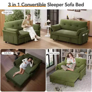 Sofá cama extraíble 3 en 1 de 51 pulgadas, sofá biplaza convertible con respaldo reclinable ajustable, sofá tapizado en chenilla, bolsillo lateral