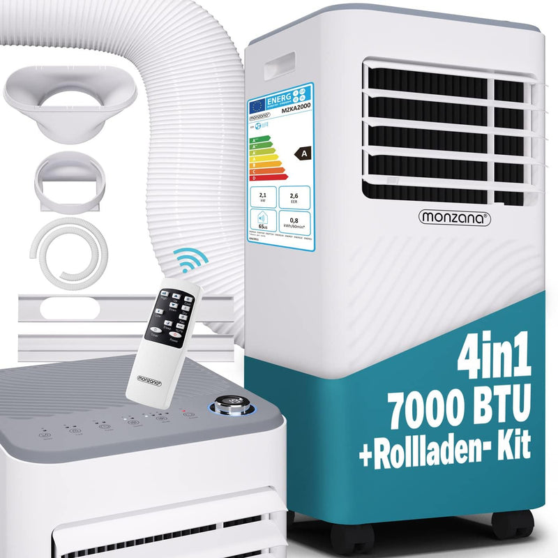 Aire acondicionado portátil Monzana® MZKA2000, manguera de escape, 7000 BTU, 3 en 1, 750 W, temporizador 24 h, 25 m², mando a distancia, deshumidificador, kit de sellado para ventanas, climatizador