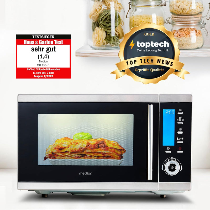 Microondas 4 en 1 MEDION MD 15501 con grill (25 litros, 900 vatios, grill de 1100 vatios, aire caliente de 2500 vatios, 10 programas automáticos) plateado