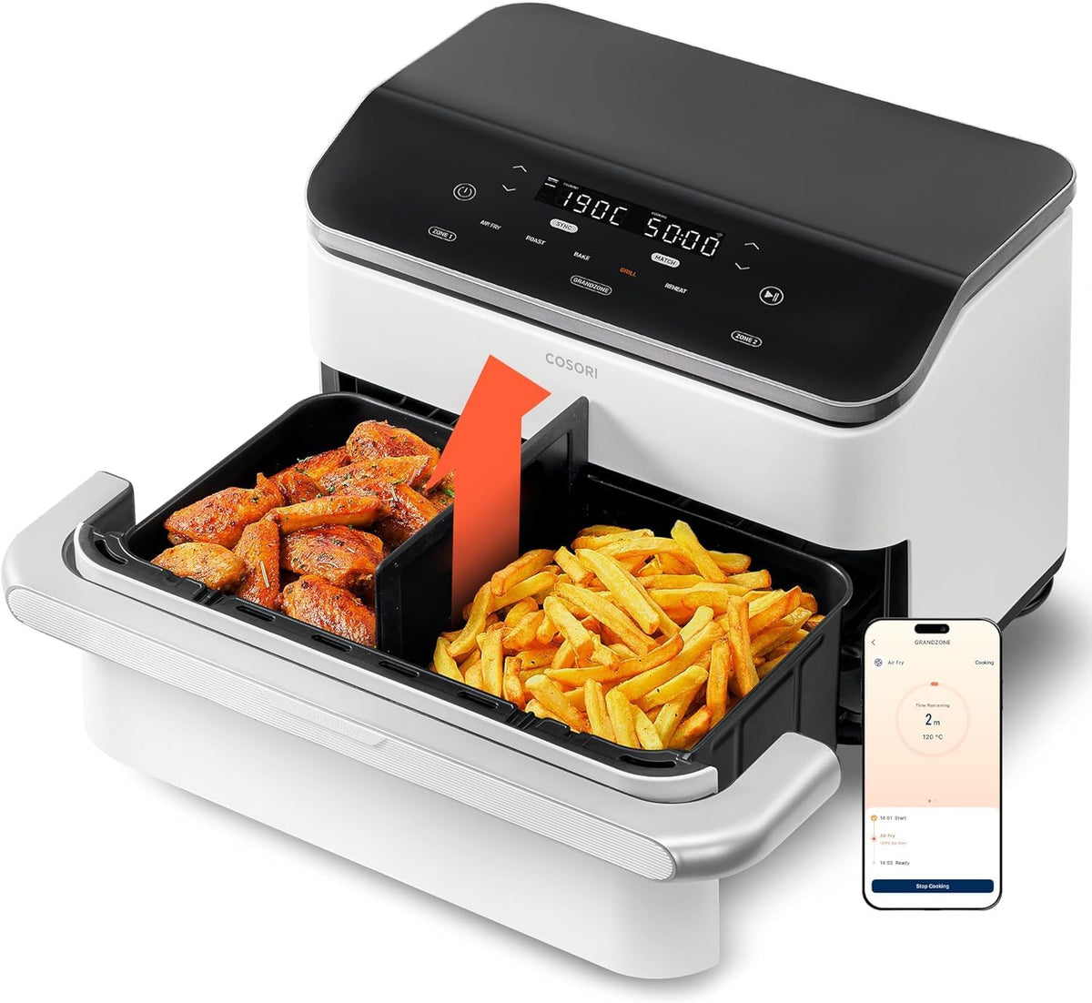 Freidora de aire Cosori, Dual Blaze Twinfry, compartimentos flexibles, 10 L
