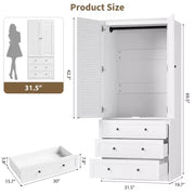 Armario ropero COZONY con 3 cajones y 2 puertas, clóset de madera moderno para dormitorio, armario de pie resistente de color blanco
