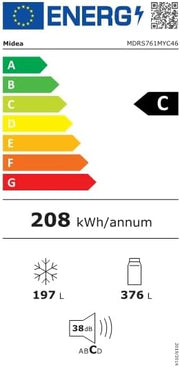 Midea KS-DDX 6.32 WT Frigorífico americano / 178,8 cm de altura / 254 kWh/año / No Frost / Compresor Dual Inverter / con dispensador de agua/hielo 3 en 1 y depósito de agua, Dark Inox
