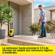 Hidrolimpiadora Kärcher K 3 FJ, presión: máx. 120 bar, caudal: 380 l/h, superficie: 25 m²/h, peso: 4,34 kg, pistola y manguera de alta presión, lanza Vario Power y asa de transporte