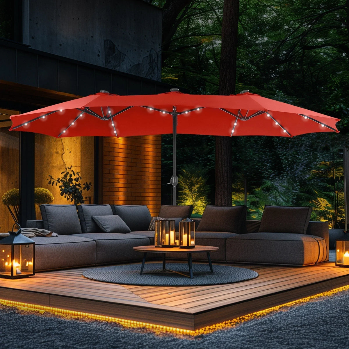 Sombrilla de mercado para exteriores rectangular de 15 pies, de doble cara, con manivela, luces LED solares y base incluida