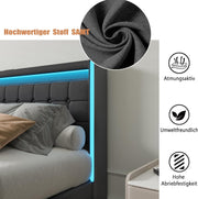 Cama tapizada BRILVERDE 160x200 con almacenamiento, cama doble con USB/LED, cama juvenil con 4 cajones, estructura de cama con somier y cabecero, lino (gris, 160 x 200 cm)
