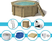 Piscina de madera Paradies Pool® Kalea, set completo incl. sistema de filtrado, caseta para bomba, escalera de acero inoxidable para piscina enterrada, lámina de arena de 0,8 mm de grosor, piscina octogonal, 354 x 118 (Ø x Al), cantidad: 1 unidad