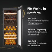Vinoteca Haier SERIE 5 HWS79GDG I Bodega climatizada para 79 botellas I Nueva tecnología para un almacenamiento óptimo I Vinoteca de 2 zonas, puerta de cristal UV y 5 estantes de madera I Vinoteca de baja vibración
