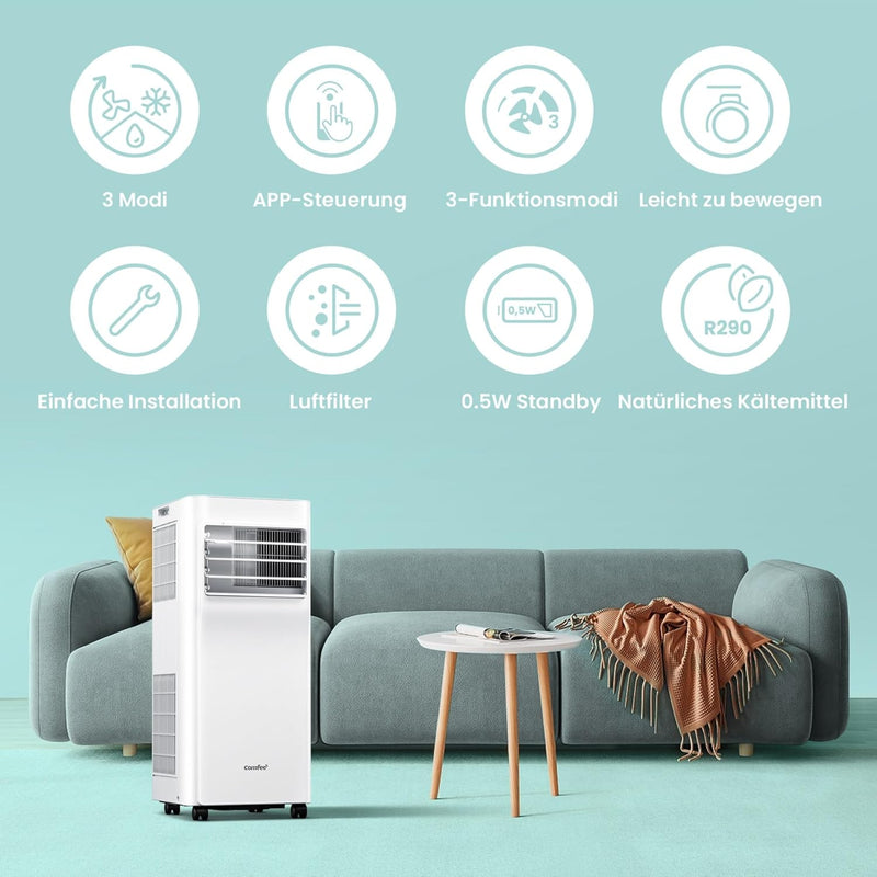 Aire acondicionado portátil Comfee Breezy Cool Pro 2.6, 9000 BTU 2,6 kW, refrigeración, ventilación y deshumidificación, control por aplicación, para habitaciones de hasta 88 m³ (33 ㎡), aire acondicionado móvil con tubo de escape [clase energética A]