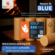 Brikets de madera Nestro XL Blue - Brikets de madera blanda, palé de 960 kg (96x10 kg) - Brikets premium para chimenea, caldera y estufa - Alto poder calorífico, bajo contenido en cenizas y máximo rendimiento energético
