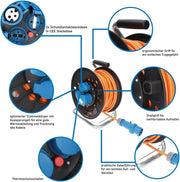 Enrollador de cable de camping CEE EXTREME SIGNAL H07BQ-F 3G 2,5mm² 25 m con acoplamiento angular, cable adaptador de 1,5 m para autocaravana