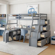 Cama alta de pino macizo con escritorio y almacenamiento