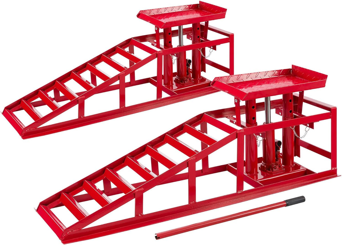 Arebos Juego de 2 rampas de acceso con gato hidráulico de 2 T | Elevador de coches XXL | Ancho de acceso de 257 mm | Plataforma elevadora con válvula de seguridad | Altura ajustable | Rojo