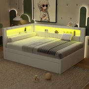 Cama con plataforma tapizada con puertos USB e iluminación LED - Base de cama matrimonial/individual con 2 cajones de almacenamiento - Dormitorio moderno